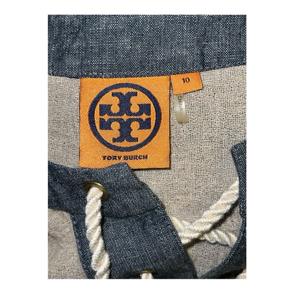 Tory Burch Jonisse tan/blue linen blend tunic top with pockets - Picture 2 of 11